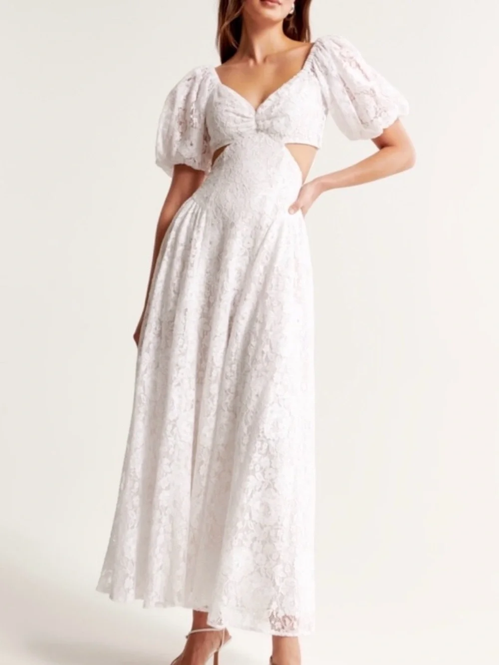 Abercrombie & Fitch White Lace Maxi Dress with Puff Sleeves